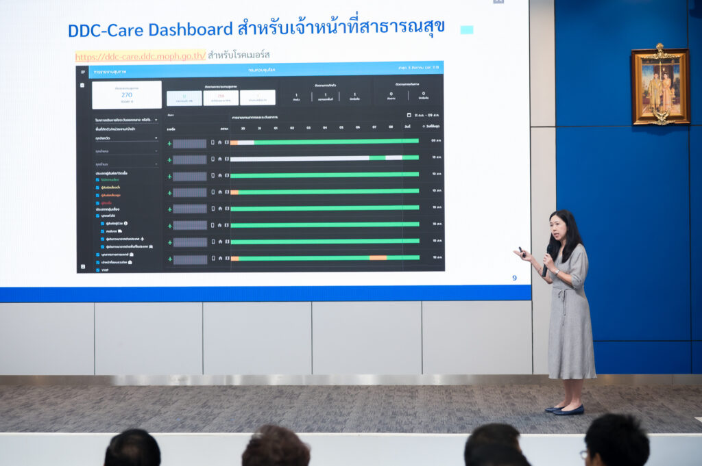 ภาพ ดร.นัยนา สหเวชชภัณฑ์ กำลังยืนบรรยายเนื้อหา DDC-Care Platform ระบบเฝ้าระวังโรคติดต่อ ควบคู่กับสไลด์ที่เปิดบนจอ LED บนเวที
