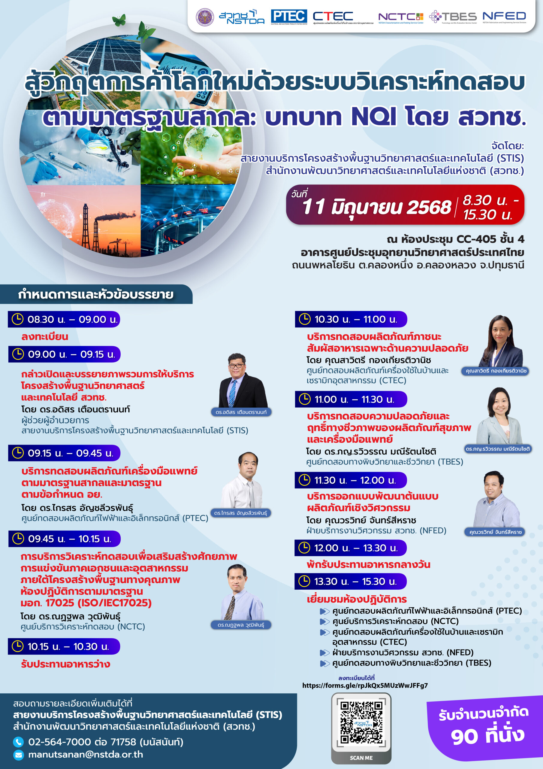 ภาพโปสเตอร์สัมมนา “ลุยวิกฤตการค้าโลกใหม่ด้วยระบบวิเคราะห์ทดสอบตามมาตรฐานสากล: บทบาท NQI โดย สวทช.”
