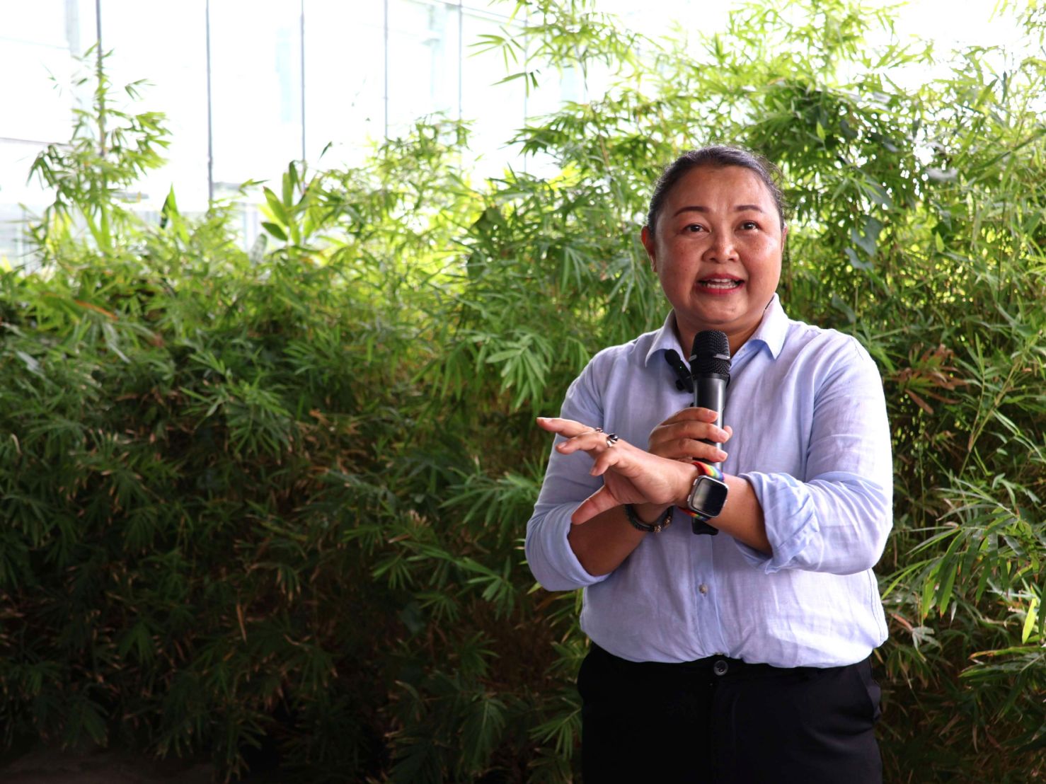 ภาพ ดร.ยี่โถ ทัพภะทัต นักวิจัย ไบโอเทค สวทช. กำลังบรรยายเกี่ยวกับเทคโนโลยี “ไผ่ตัดอายุ” 