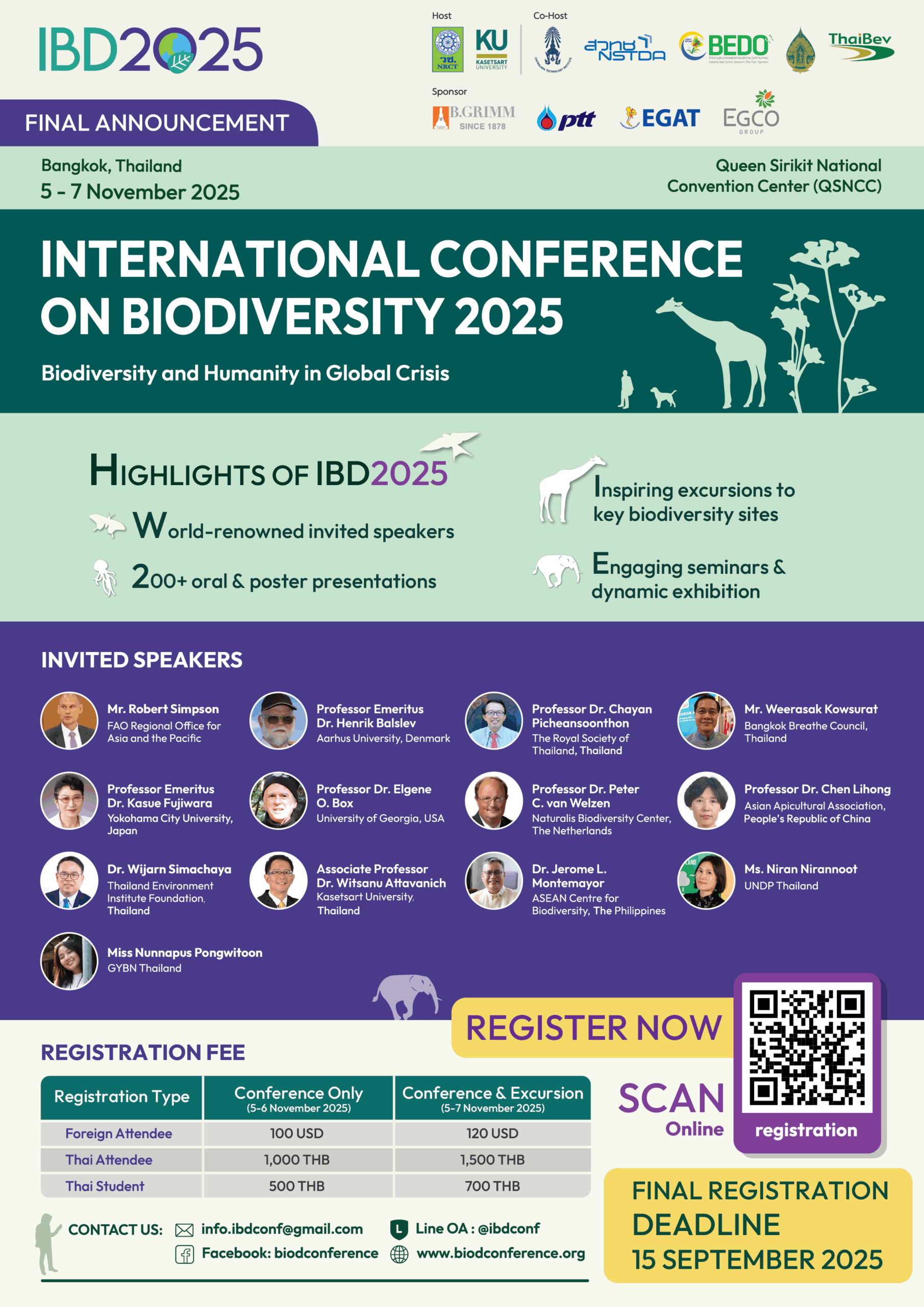 โปสเตอร์ร่วมงาน IBD2025 การประชุมนานาชาติด้านความหลากหลายทางชีวภาพ 5–7 พ.ย. 2568 ณ ศูนย์สิริกิติ์ กรุงเทพฯ พบวิทยากรชั้นนำและกิจกรรมมากมาย