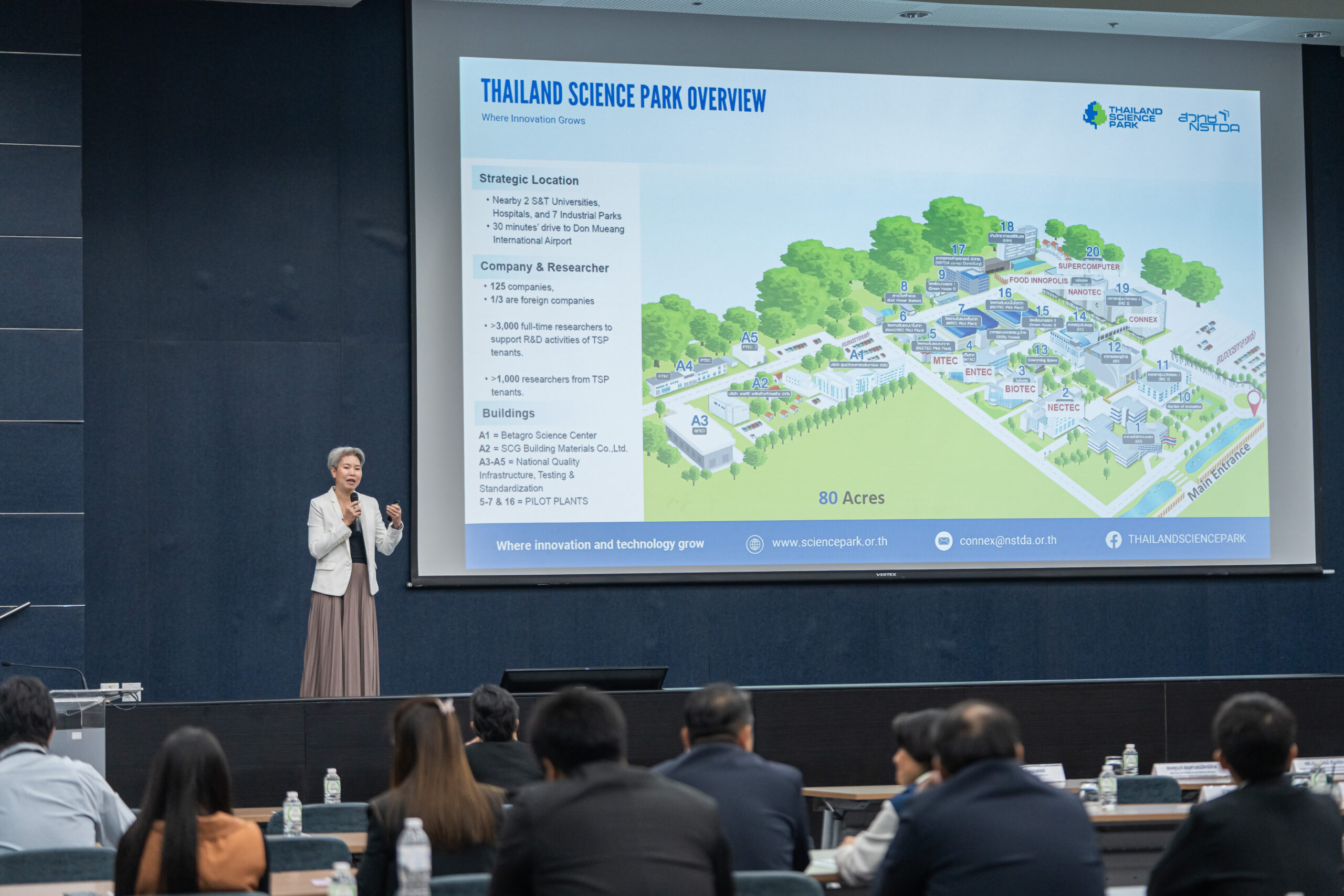 ภาพการบรรยายหัวข้อ Thailand Science Park Overview โดยเจ้าหน้าที่ สวทช. ให้ข้อมูลเกี่ยวกับโครงสร้างพื้นฐานด้านวิทยาศาสตร์ที่สนับสนุนระบบวิจัยและนวัตกรรมในประเทศไทย