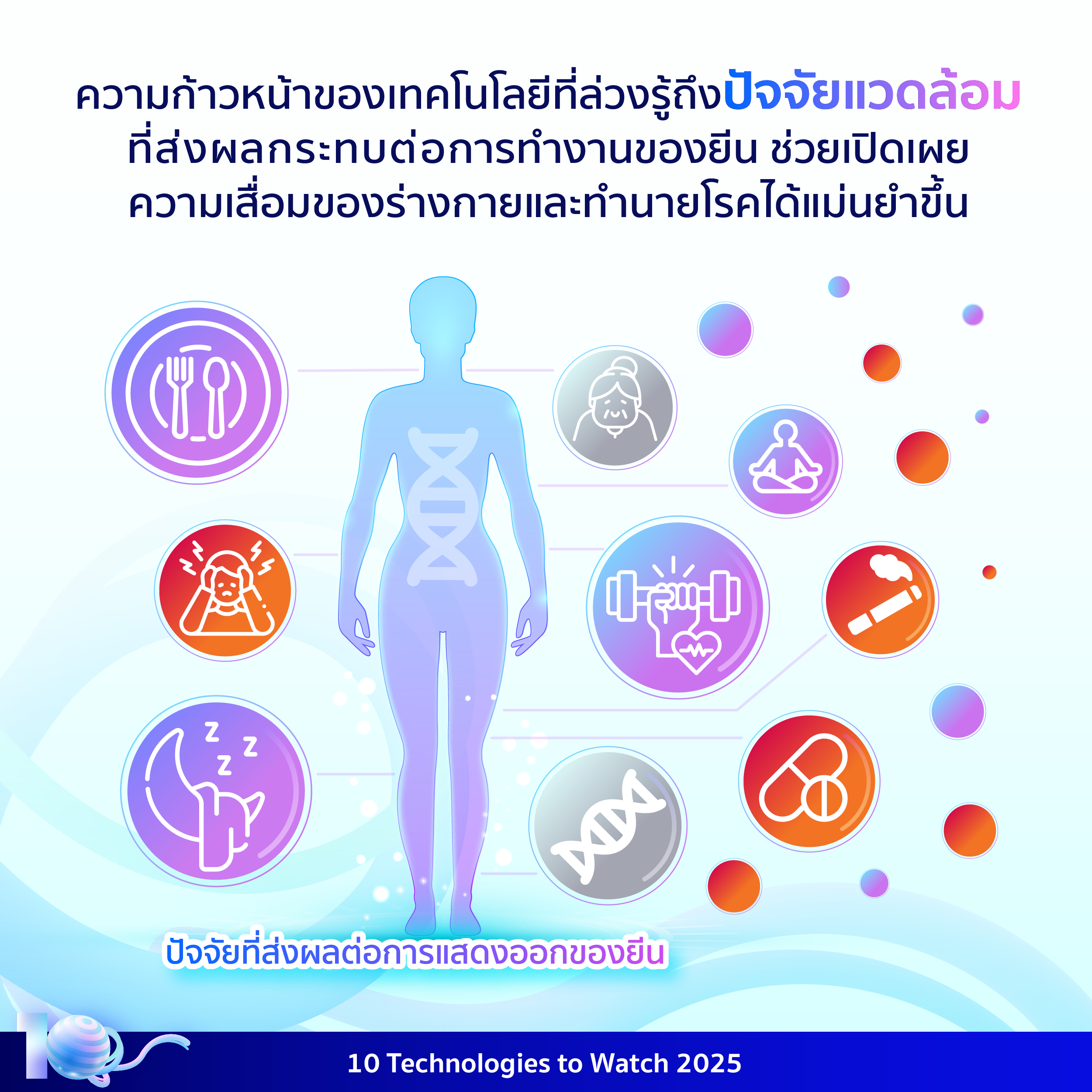 อินโฟกราฟิกประกอบเนื้อหาเรื่องเทคโนโลยีเอพิเจเนติกเพื่อการตรวจประเมินสุขภาพระดับเซลล์ โดยมีรายละเอียดอยู่ในเนื้อหาส่วนต่อไป