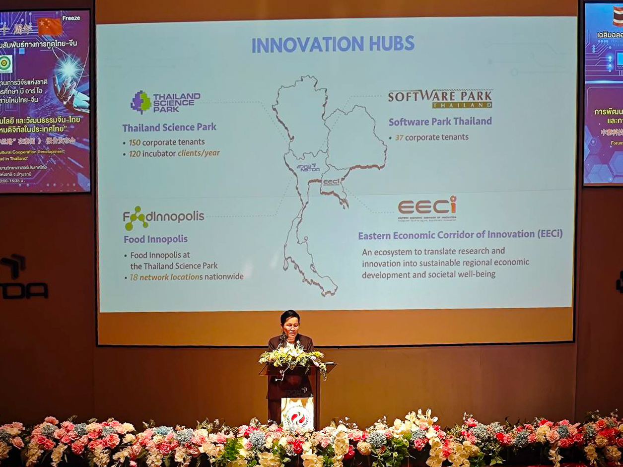 ภาพ ดร.จุฬารัตน์ ตันประเสริฐ รองผู้อำนวยการ สวทช. บรรยายหัวข้อ Innovation Hubs ในงานสัมมนาความร่วมมือวิทยาศาสตร์ เทคโนโลยี และวัฒนธรรมไทย–จีน แสดงบทบาทของ Thailand Science Park, Food Innopolis, Software Park และ EECi