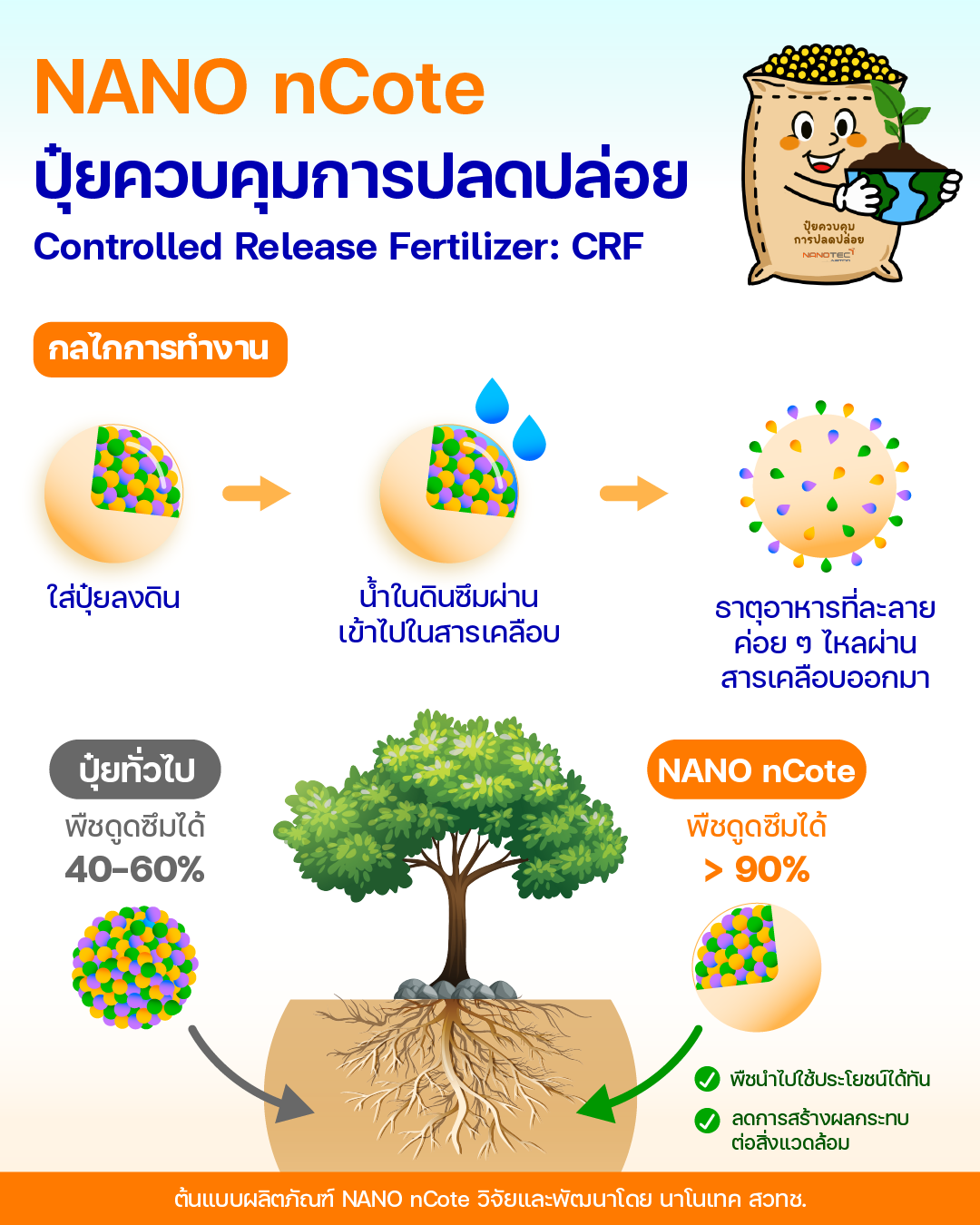 อินโฟกราฟิกนำเสนอกลไกการทำงานของ NANO nCote ปุ๋ยควบคุมการปลดปล่อย โดยมีอธิบายในเนื้อหาส่วนก่อนหน้านี้แล้ว