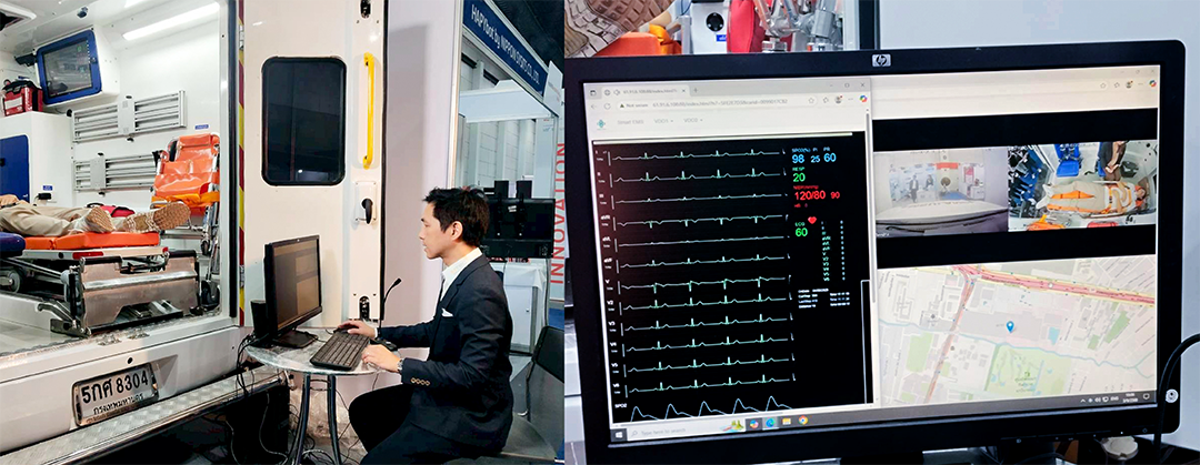 หน้าจอแสดงข้อมูลระบบ MIS แสดงให้เห็นข้อมูลสัญญาณชีพ ภาพภายในห้องโดยสารรถพยาบาล และตำแหน่งของรถพยาบาล