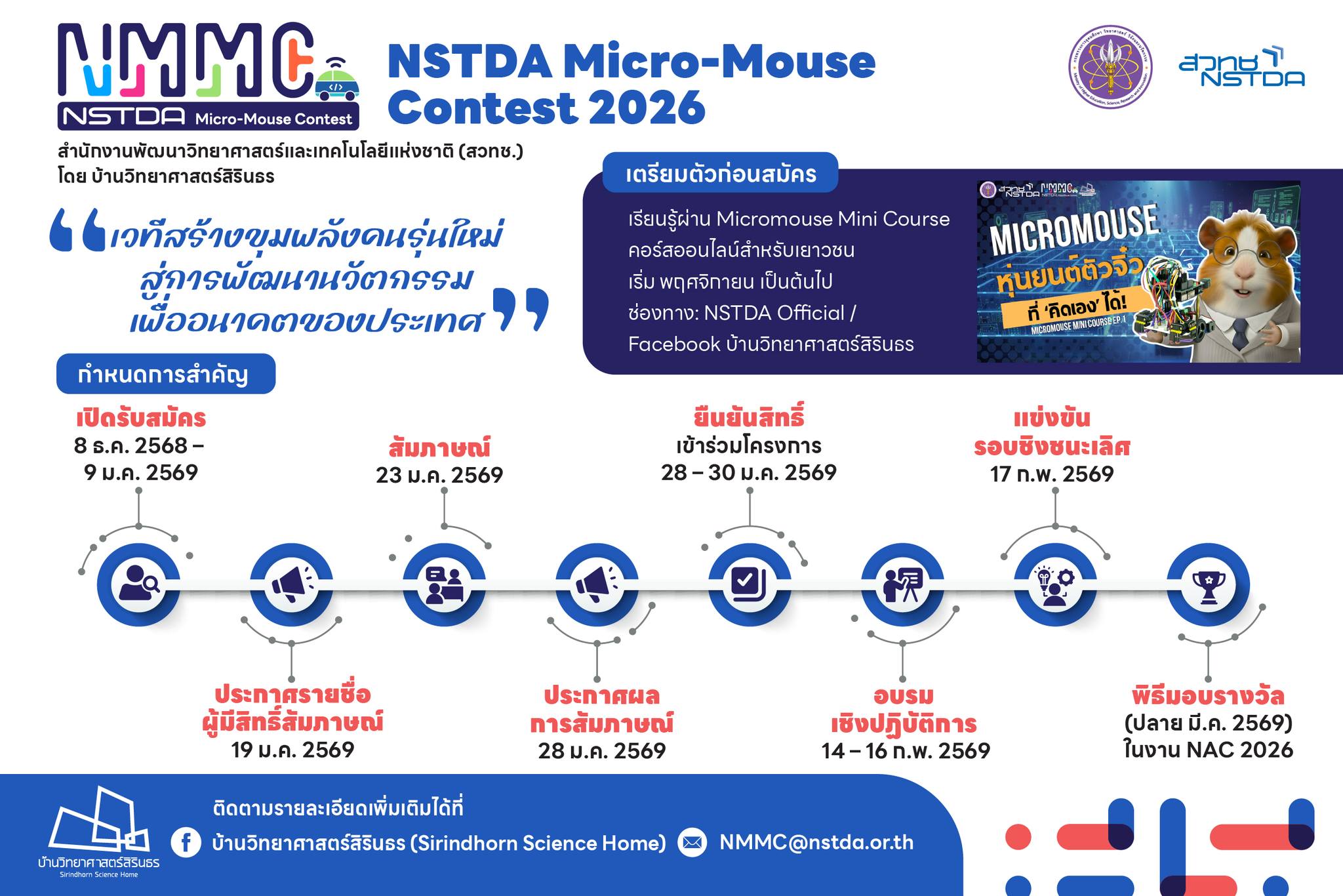 ภาพโปสเตอร์เชิญชวนร่วม โครงการ NSTDA Micro-Mouse Contest 2026 เวทีสร้างขุมพลังคนรุ่นใหม่ สู่การพัฒนานวัตกรรมเพื่ออนาคตของประเทศ