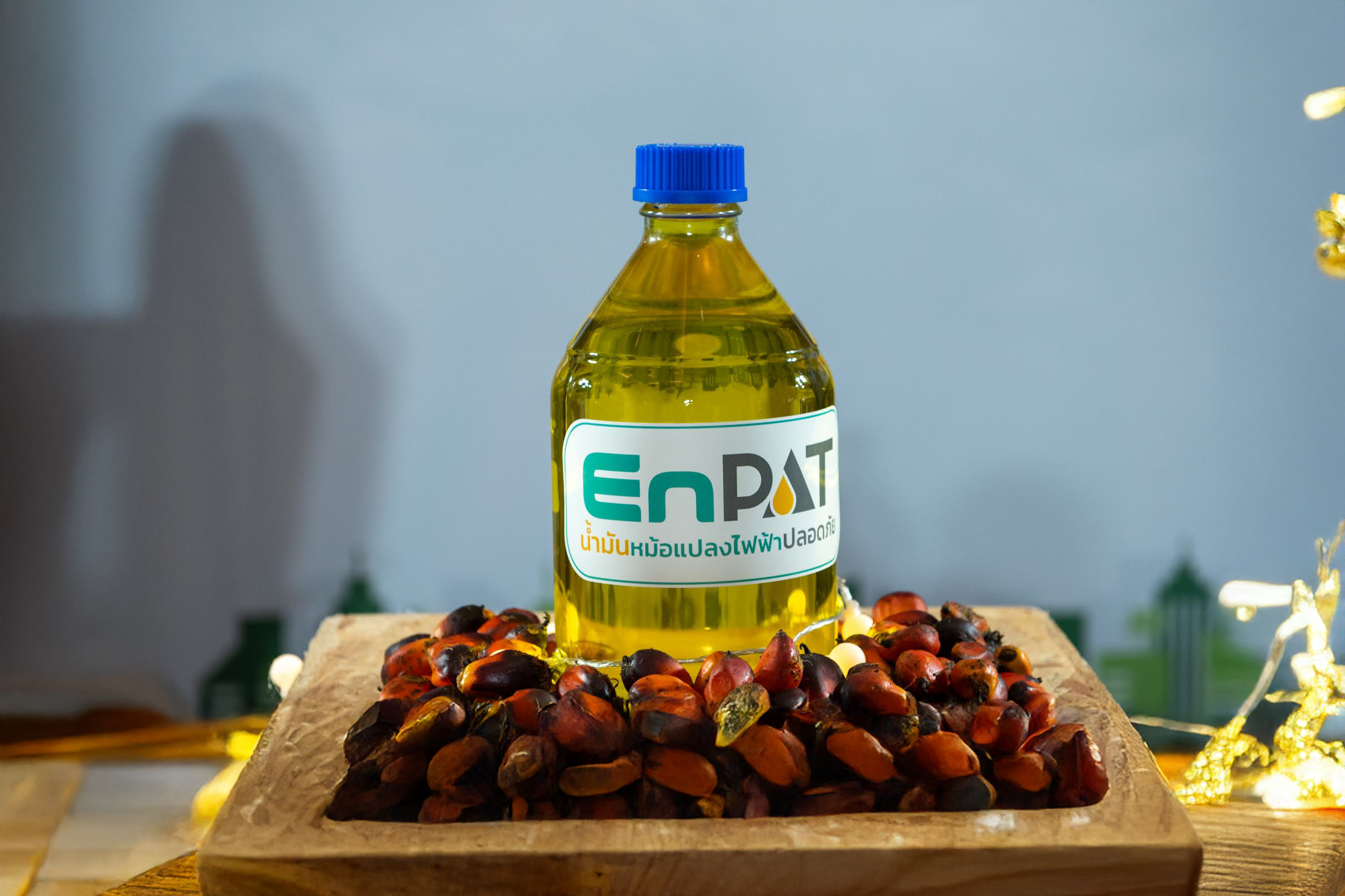 ภาพ: ขวดผลิตภัณฑ์น้ำมันหม้อแปลงไฟฟ้าชีวภาพ EnPAT วางอยู่บนกองเมล็ดผลปาล์มน้ำมัน ซึ่งเป็นวัตถุดิบตั้งต้นจากธรรมชาติ