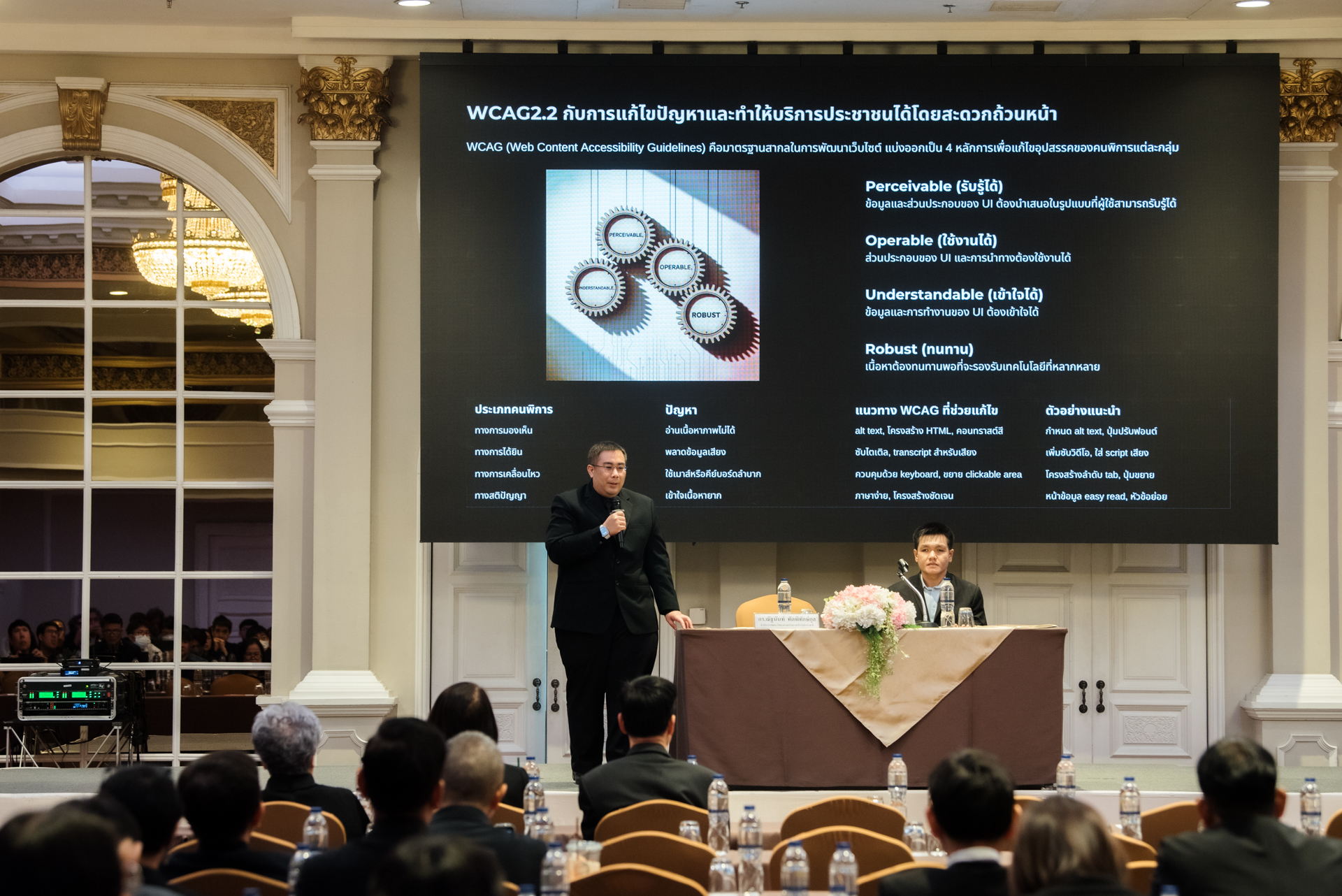 ภาพ: วิทยากรบรรยายบนเวทีในหัวข้อ "WCAG 2.2 กับการแก้ไขปัญหาและทำให้บริการประชาชนได้โดยสะดวกถ้วนหน้า" พร้อมฉายสไลด์อธิบายหลักการ 4 ข้อของมาตรฐานการพัฒนาเว็บไซต์