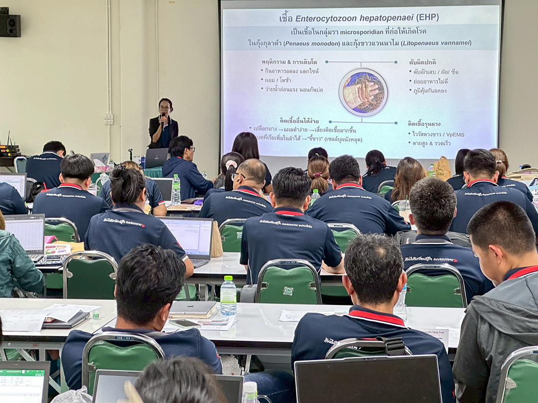 บรรยากาศการบรรยายให้ความรู้เรื่องโรค EHP และวิธีการใช้งานชุดตรวจโรค