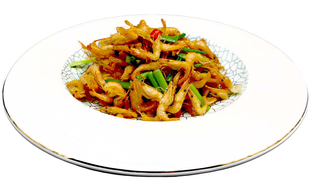 กุ้งแม่น้ำญี่ปุ่นผัดซอสสไตล์เสฉวน ผัดกับพริกและต้นหอม อาหารจีน