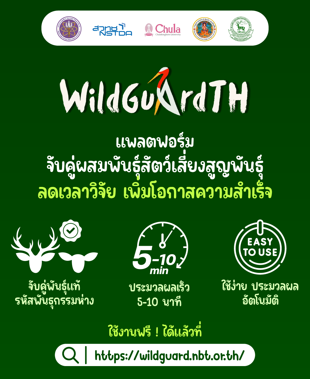 อินโฟกราฟิกแพลตฟอร์ม WildGuardTH ข้อความอธิบายว่าเป็นแพลตฟอร์มจับคู่ผสมพันธุ์สัตว์เสี่ยงสูญพันธุ์ ช่วยลดเวลาวิจัย และเพิ่มโอกาสความสำเร็จ มีไอคอนสรุปจุดเด่น ได้แก่ จับคู่พันธุ์แท้รหัสพันธุกรรมห่าง ประมวลผลเร็ว 5–10 นาที และใช้งานง่าย ประมวลผลอัตโนมัติ โดยมีการอธิบายเกี่ยวกับแพลตฟอร์มเพิ่มเติมว่าฟังก์ชันหลักประกอบด้วย 2 โมดูล โมดูลแรกคือโมดูลสำหรับตรวจสอบคุณภาพและจัดระเบียบข้อมูลที่ได้จากการถอดรหัสพันธุกรรมหรือ DNA sequencing และโมดูลที่สองคือโมดูลสำหรับประมวลผลรหัสพันธุกรรมของสัตว์ ครอบคลุมการตรวจความสัมพันธ์ทางพันธุกรรมป้องกันการผสมแบบเลือดชิด ตรวจสอบความเป็นพันธุ์แท้หรือลูกผสม ดูความเชื่อมโยงกับบรรพบุรุษ การแบ่งกลุ่มประชากรตามกลุ่มพันธุ์และถิ่นกำเนิด และดูประวัติการผสมแบบเลือดชิด (1/2)