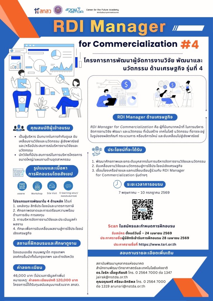 โปสเตอร์ประชาสัมพันธ์หลักสูตร RDI Manager for Commercialization