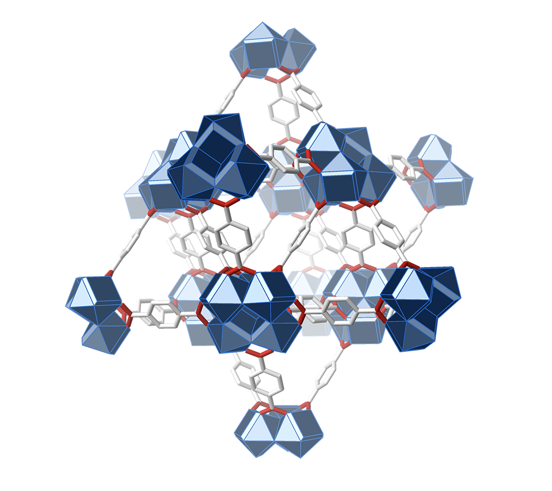 โมเดลโครงสร้างผลึก MOF แสดงโครงข่ายรูพรุนระดับโมเลกุลแบบสามมิติ
