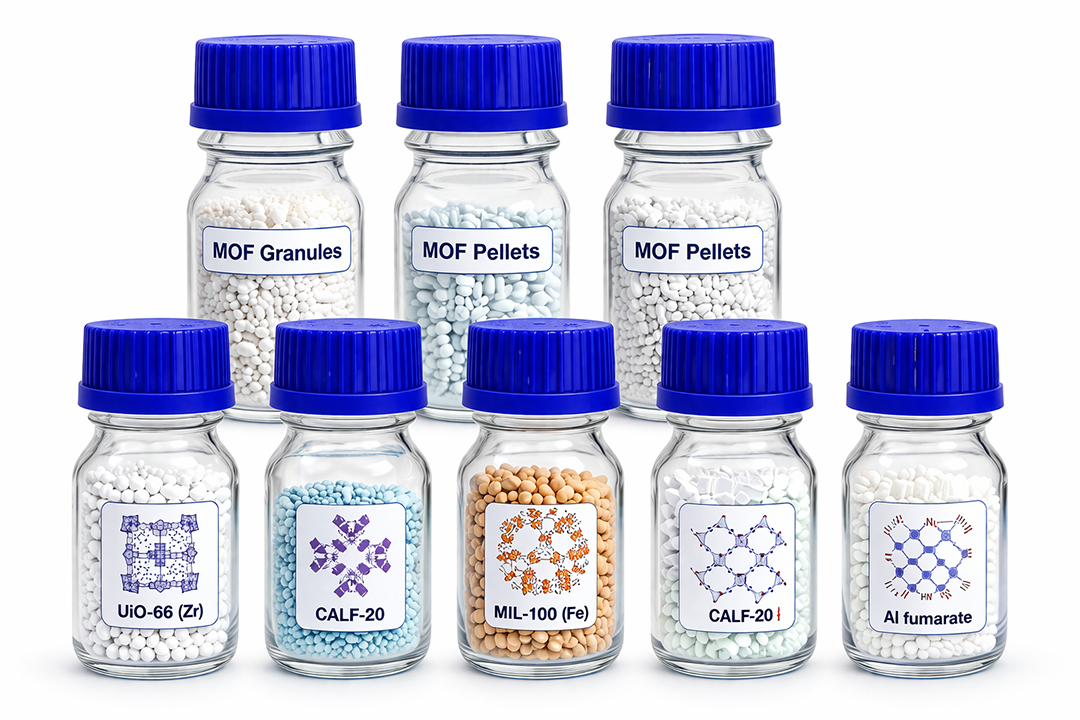 ตัวอย่างวัสดุ MOF หลายชนิด เช่น UiO-66, CALF-20 และ MIL-100 ในภาชนะทดลอง