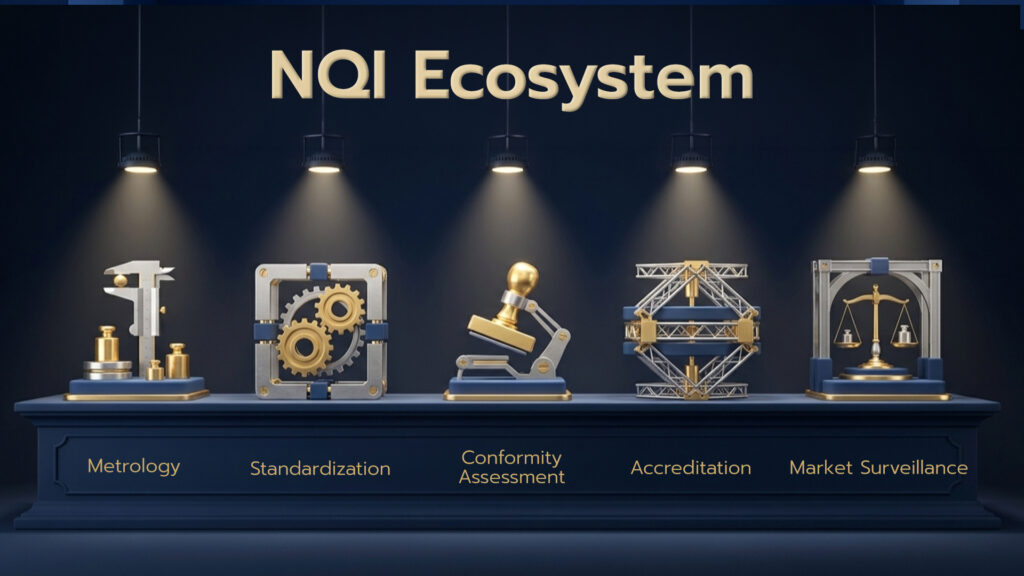 ภาพ: สัญลักษณ์ตัวแทน 5 เสาหลักของ NQI Ecosystem ประกอบด้วย มาตรวิทยา, การกำหนดมาตรฐาน, การตรวจสอบและรับรอง, การรับรองระบบงาน และการกำกับดูแลตลาด