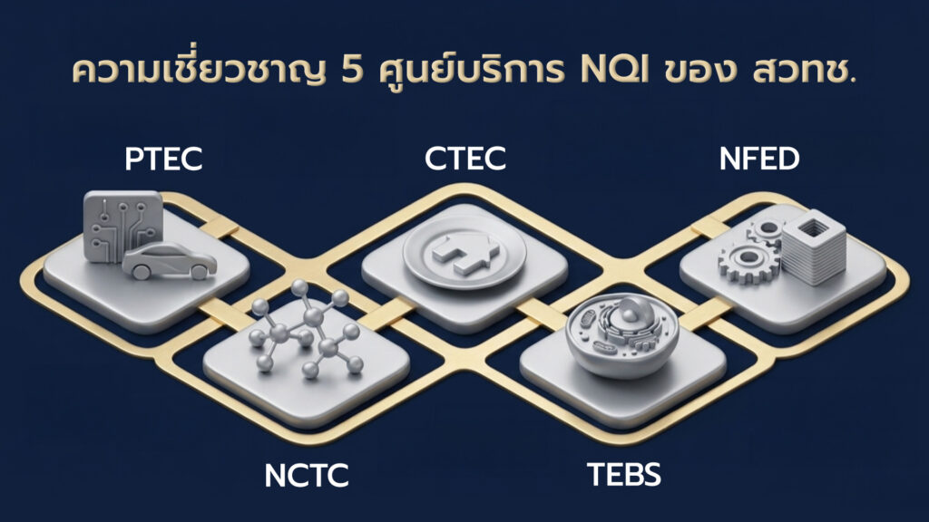 ภาพ: กราฟิกไอคอนแสดงความเชี่ยวชาญของ 5 ศูนย์บริการ NQI สวทช. ได้แก่ ศูนย์ PTEC, NCTC, CTEC, TBES และ NFED