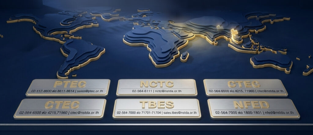 ภาพ: โมเดลแผนที่โลก 3 มิติ พร้อมป้ายข้อมูลช่องทางการติดต่อขอรับบริการของ 5 ศูนย์บริการ NQI สวทช.