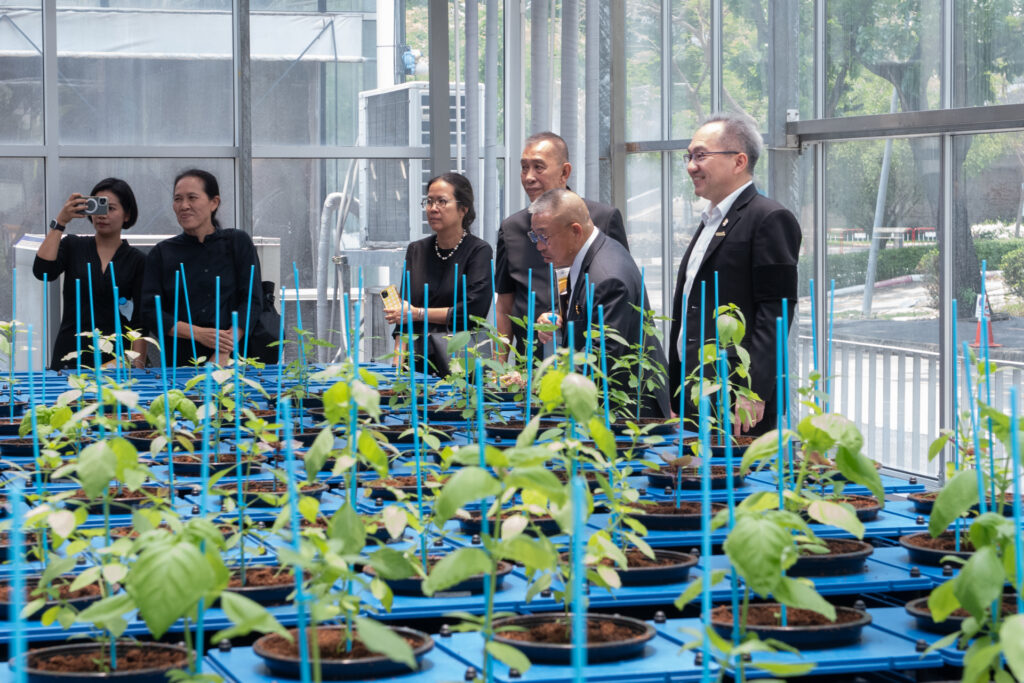 ภาพ: คณะจากมูลนิธิชัยพัฒนาให้ความสนใจเทคโนโลยีการเก็บข้อมูลลักษณะปรากฏของพืชแบบแม่นยำสูงในระบบโรงเรือนอัจฉริยะ