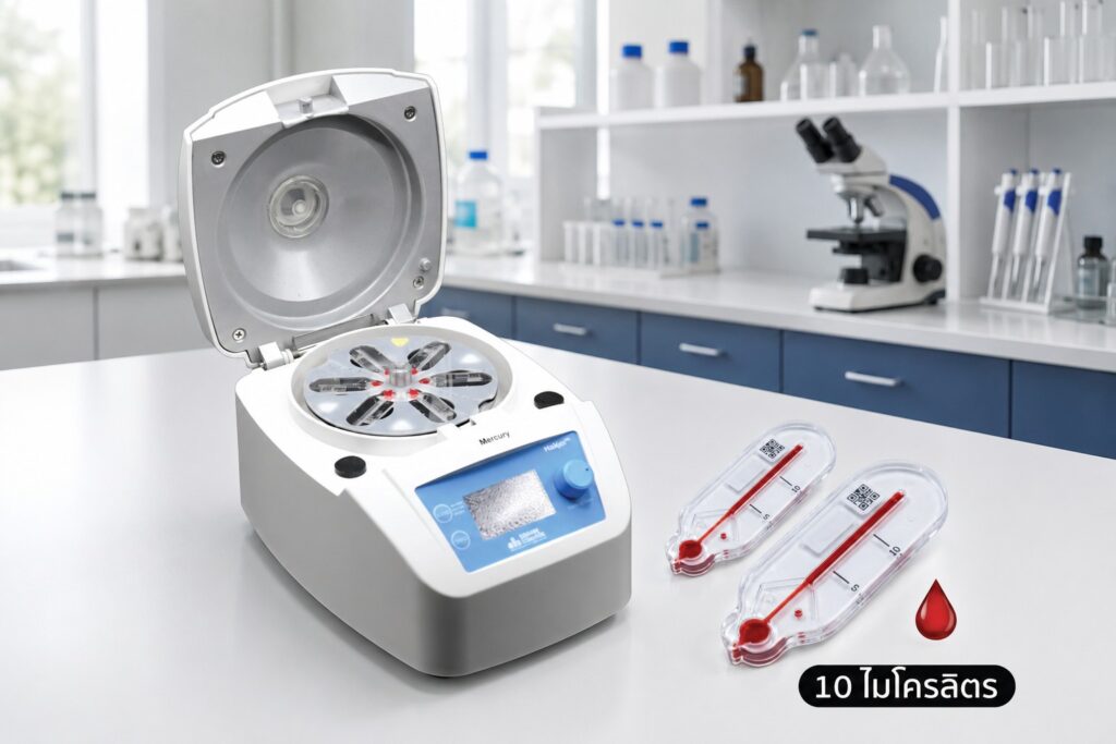 ภาพ: เครื่องปั่นเหวี่ยงตกตะกอนขนาดเล็ก (Microcentrifuge) จัดตั้งอยู่บนโต๊ะปฏิบัติการเคมีเคียงคู่กับชุดตลับตรวจวิเคราะห์ของเหลวระดับไมโครฟลูอิดิกส์ (Microfluidic Cartridge) ที่ระบุปริมาณสิ่งส่งตรวจหยดเลือด 10 ไมโครลิตร