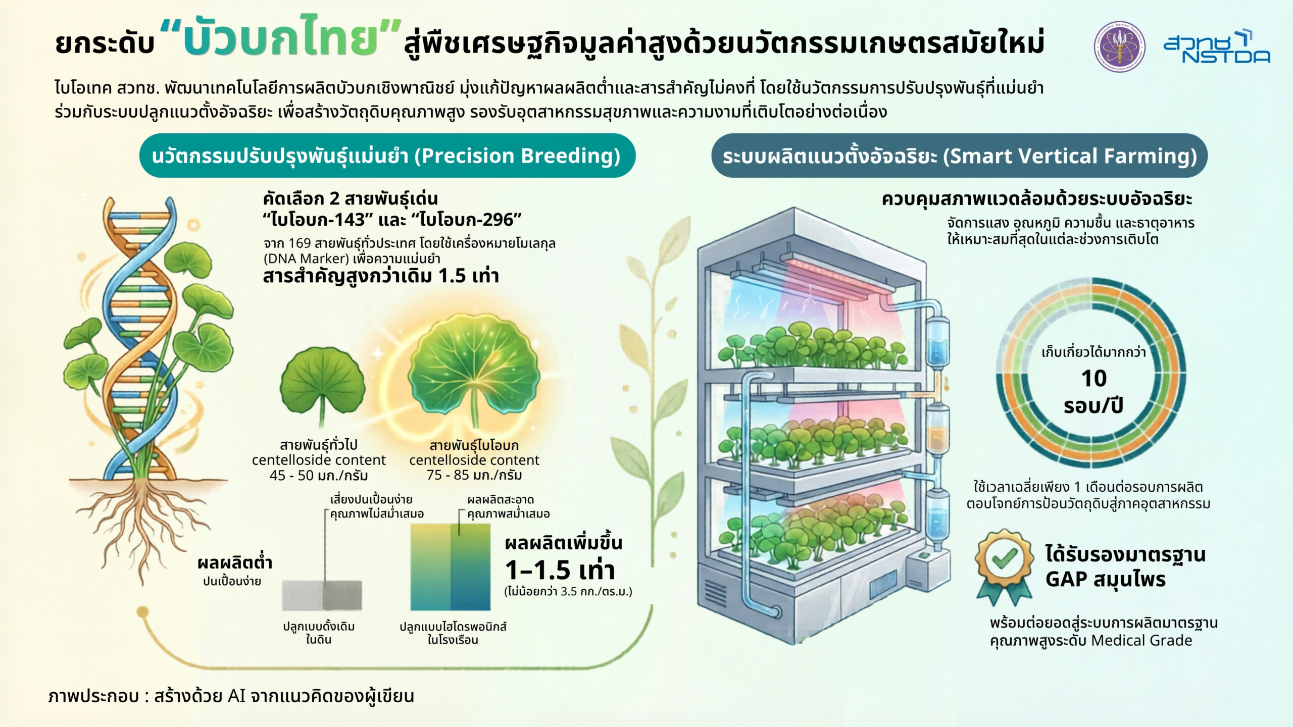 ภาพอินโฟกราฟิก เรื่อง ยกระดับบัวบกไทยสู่พืชเศรษฐกิจมูลค่าสูงด้วยนวัตกรรมเกษตรสมัยใหม่