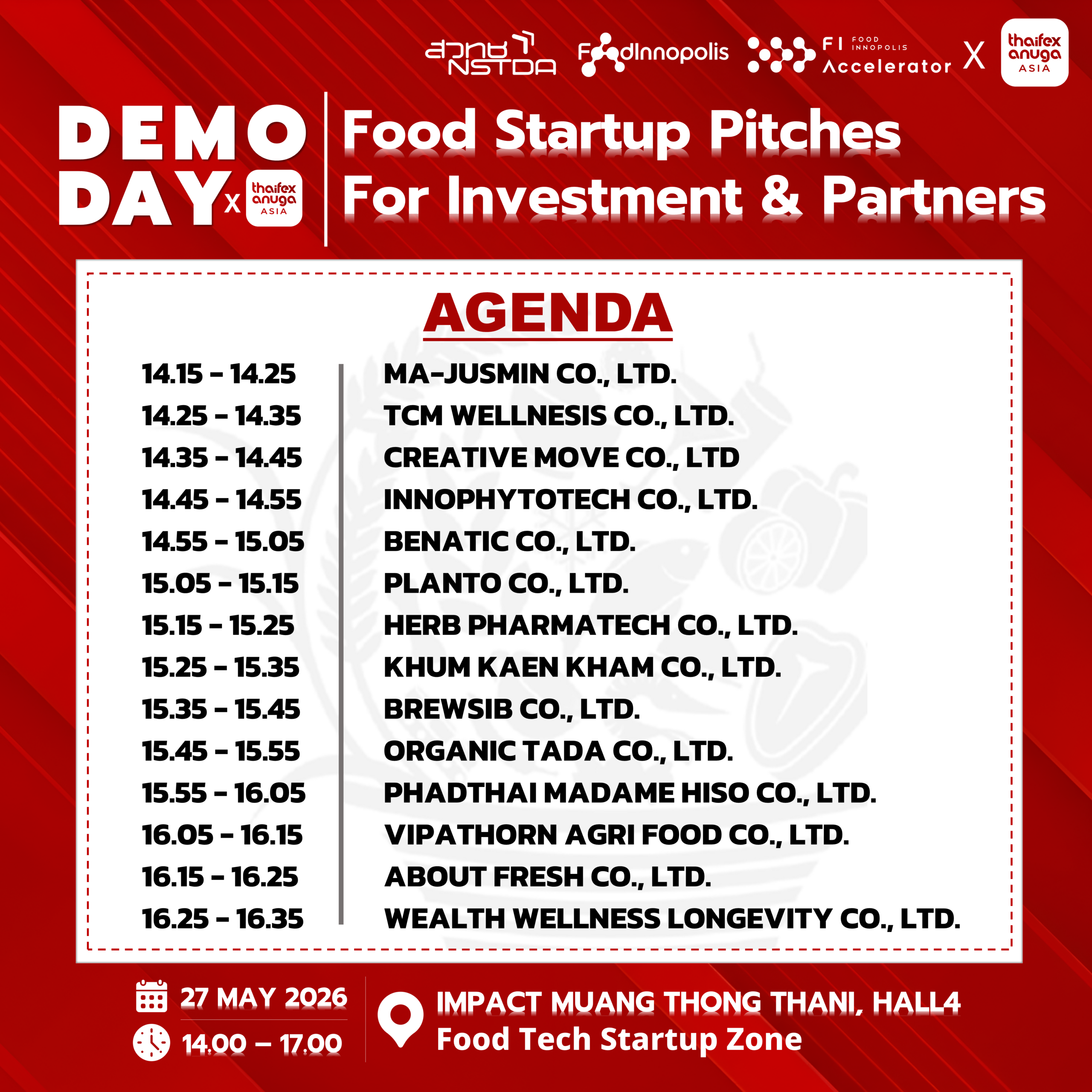 กำหนดการTHAIFEX-Anuga ASIA 2026 Food Startup Pitches For Investment & Partners