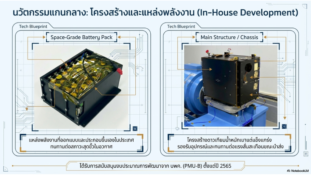 สไลด์แสดงการพัฒนาเทคโนโลยีภายในประเทศ ประกอบด้วยแพ็กแบตเตอรี่ระดับอวกาศและโครงสร้างดาวเทียมที่ออกแบบให้แข็งแรง น้ำหนักเบา และทนต่อสภาพแวดล้อมรุนแรง