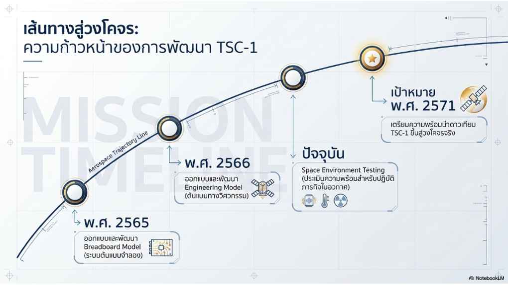 อินโฟกราฟิกแสดงเส้นทางพัฒนาโครงการดาวเทียม TSC-1 ตั้งแต่ปี 2565 ถึงเป้าหมายปี 2571 ครอบคลุมขั้นตอน Breadboard, Engineering Model, การทดสอบสภาพอวกาศ และการเตรียมขึ้นสู่วงโคจร