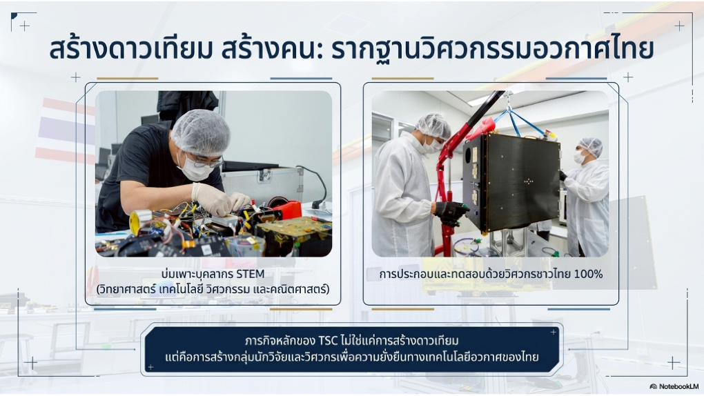 สไลด์แสดงทีมวิศวกรไทยกำลังประกอบและทดสอบดาวเทียมในห้องปฏิบัติการ พร้อมเน้นการพัฒนาบุคลากรด้าน STEM เพื่อสร้างศักยภาพอุตสาหกรรมอวกาศไทย