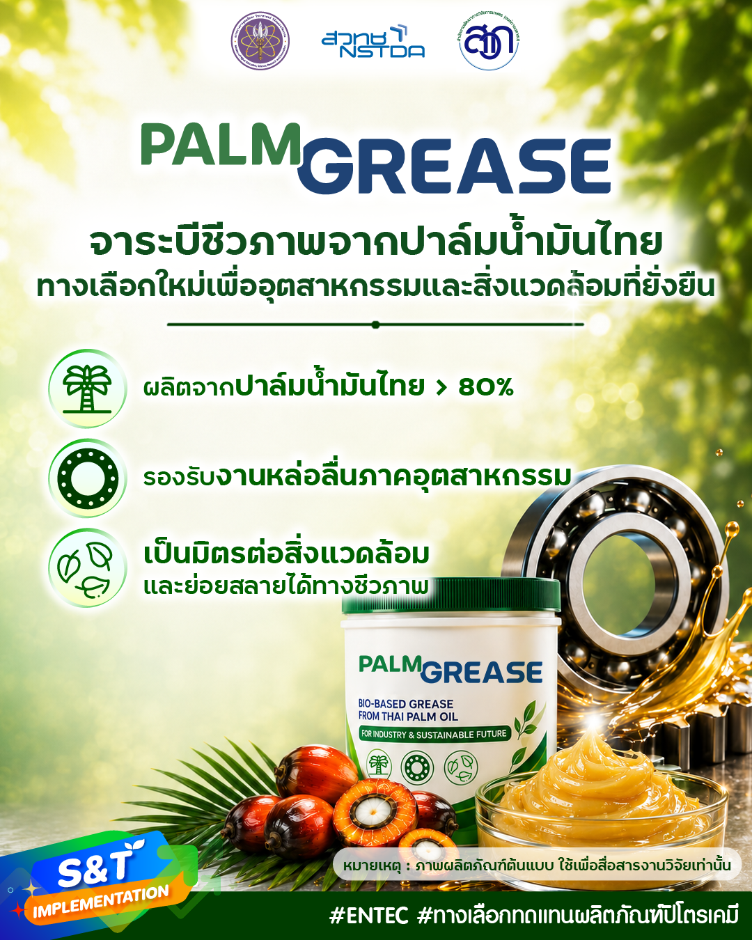 PALMGREASE จาระบีชีวภาพจากปาล์มน้ำมันไทย ผลงานวิจัยโดยเอ็นเทค สวทช. และพันธมิตร ที่ใช้ปาล์มน้ำมันไทยเป็นวัตถุดิบหลักมากกว่า 80% ผลิตภัณฑ์รองรับงานหล่อลื่นในหลายหลายภาคอุตสาหกรรม เป็นมิตรต่อสิ่งแวดล้อม และย่อยสลายได้ทางชีวภาพ