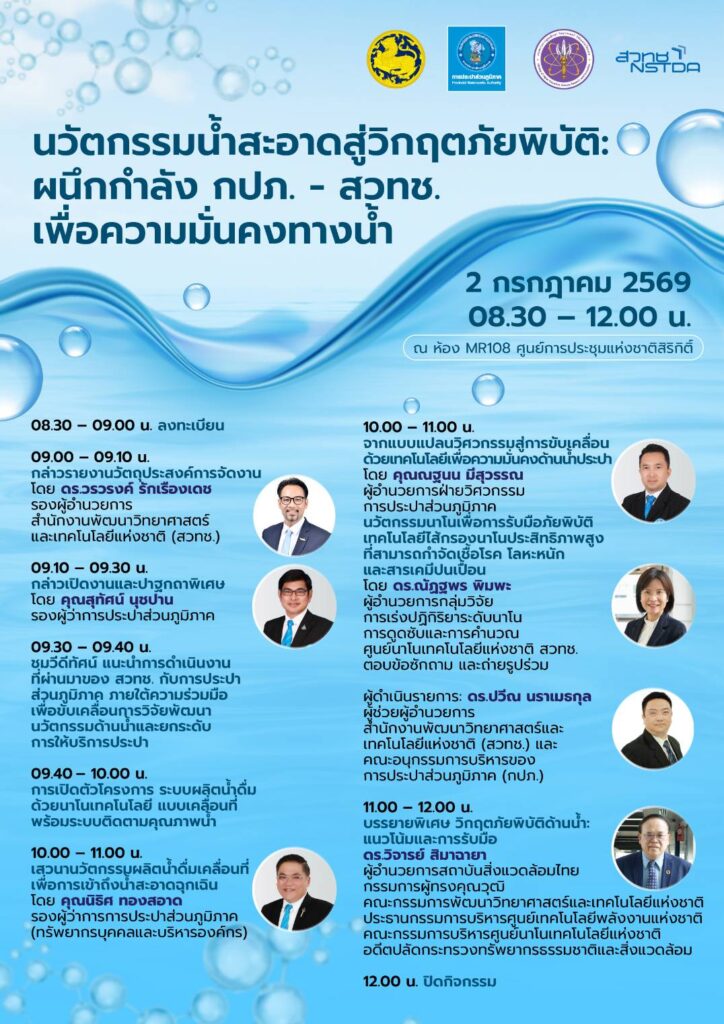 โปสเตอร์ นวัตกรรมน้ำสะอาดสู้วิกฤตภัยพิบัติ: ผนึกกำลัง กปภ. – สวทช. เพื่อความมั่นคงทางน้ำ