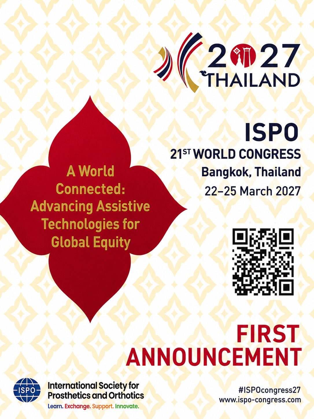 โปสเตอร์เชิญชวนร่วมส่งผลงานวิจัยและเข้าร่วม ISPO 21st World Congress 2027 การประชุมวิชาการระดับโลกด้านกายอุปกรณ์และเทคโนโลยีสิ่งอำนวยความสะดวก
