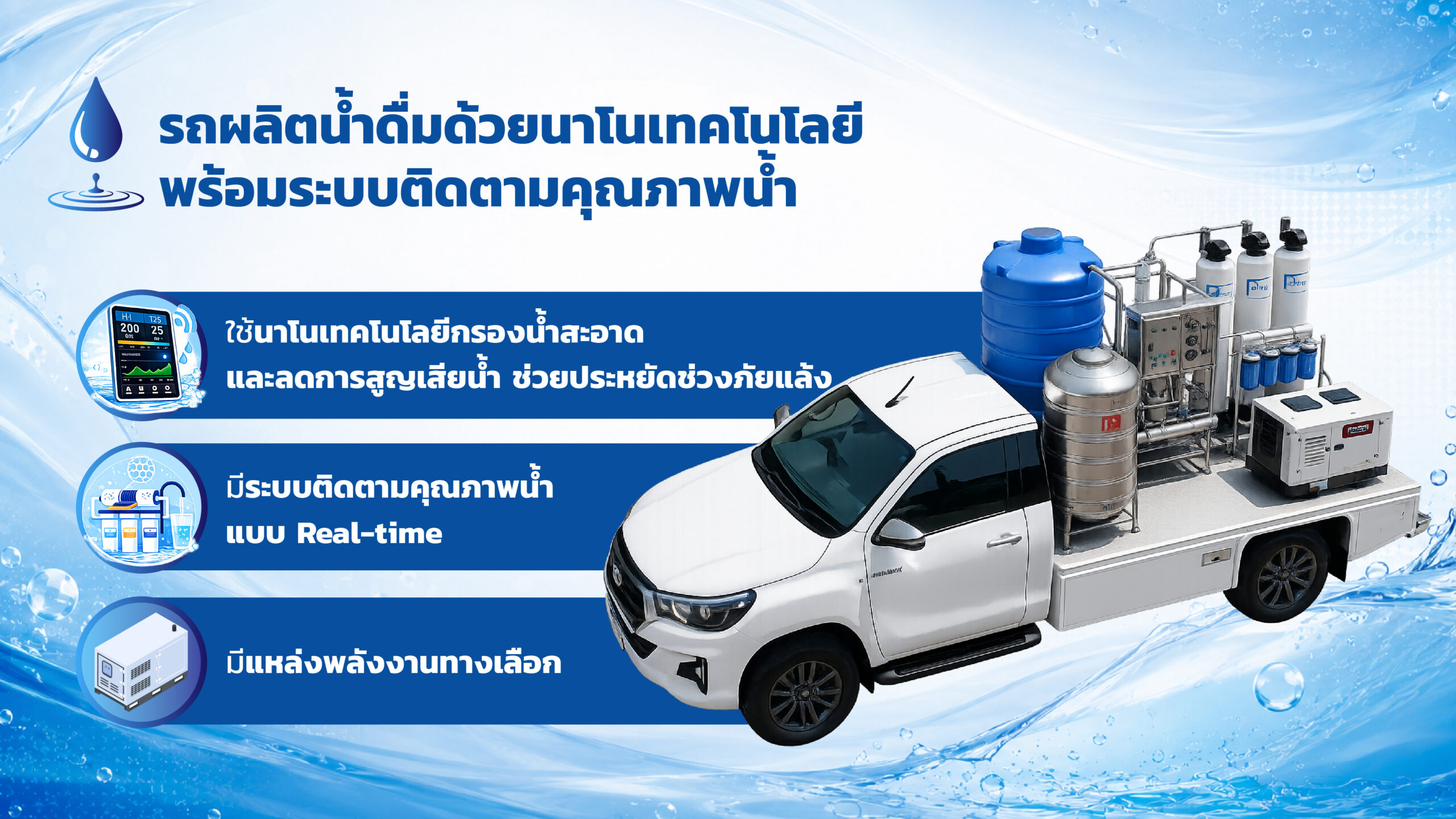 ภาพอธิบายระบบการทำงานของรถผลิตน้ำดื่มด้วยนาโนเทคโนโลยีพร้อมระบบติดตามคุณภาพน้ำ