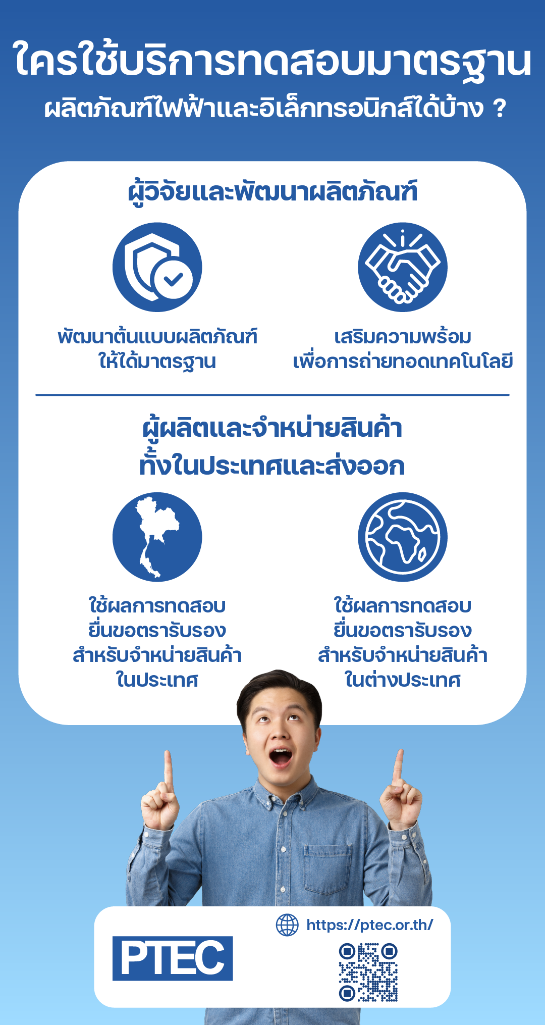 อินโฟอินโฟกราฟิกแสดงกลุ่มผู้ใช้บริการ PTEC ได้แก่ นักวิจัยและผู้พัฒนาผลิตภัณฑ์ รวมถึงผู้ผลิตและผู้ส่งออกที่นำผลทดสอบไปใช้ยื่นขอเครื่องหมายรับรองในประเทศและต่างประเทศ