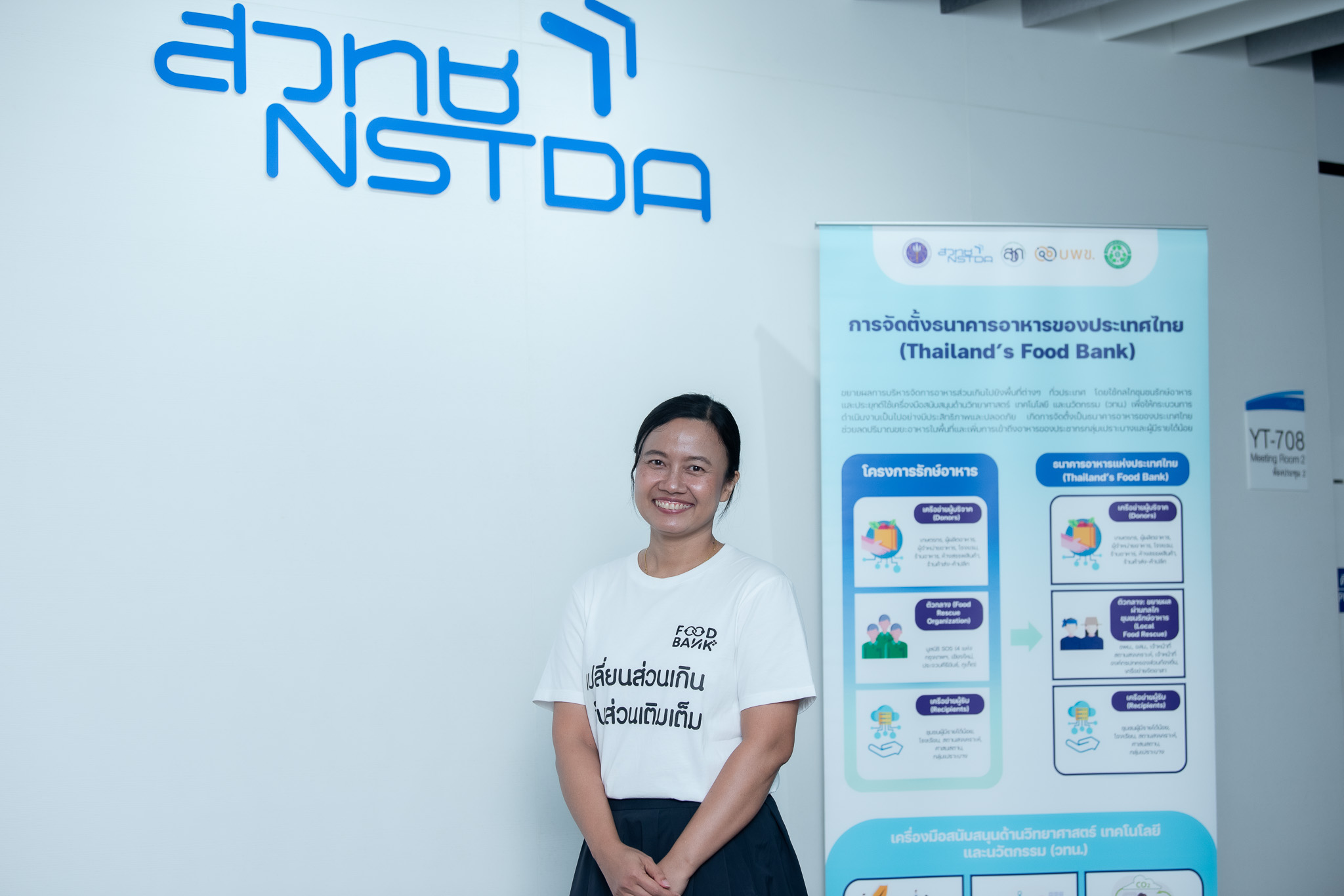 ภาพ ดร.ปัทมาพร ประชุมรัตน์ หัวหน้าโครงการ Thailand's Food Bank และนักวิจัยนโยบายอาวุโส สวทช. อยู่หน้า Roll up Thailand's Food Bank