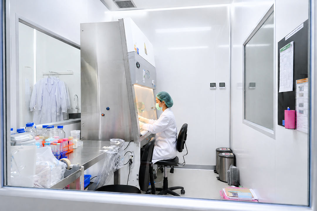 นักวิจัยสวมอุปกรณ์ป้องกันปฏิบัติงานภายในห้องปฏิบัติการความปลอดภัยทางชีวภาพ สะท้อนการควบคุมสภาพแวดล้อมเพื่อป้องกันผู้ปฏิบัติงาน และป้องกันเชื้อหรือสิ่งมีชีวิตทางชีวภาพหลุดรอดออกสู่ภายนอก