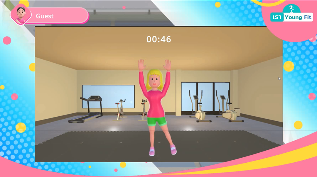 หน้าจอแอปพลิเคชัน YoungFit-KAN แสดงกิจกรรมออกกำลังกายด้วยตัวละครเสมือน พร้อมตัวจับเวลาสำหรับกิจกรรม