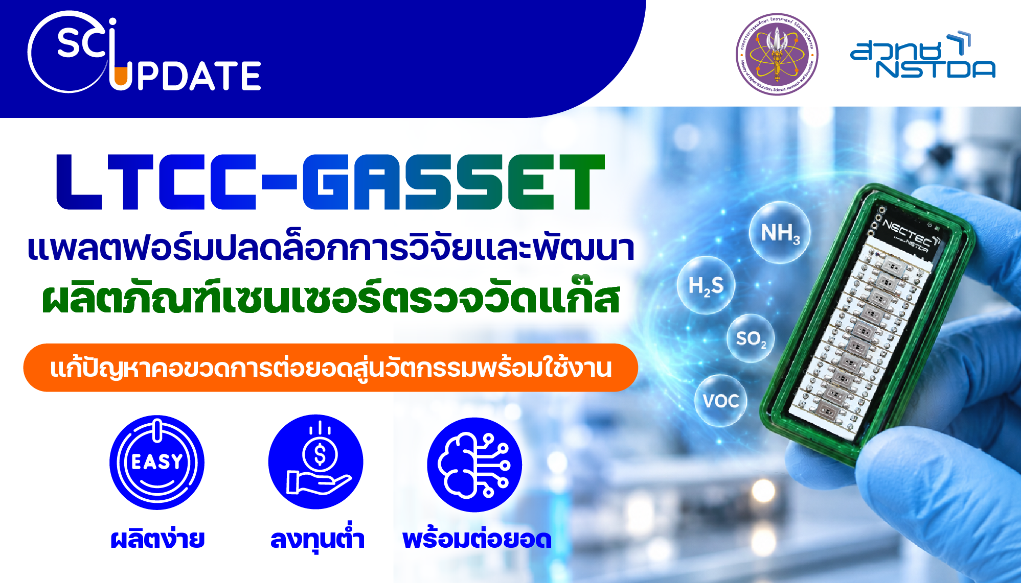 อินโฟกราฟิกแนะนำ LTCC-GASSET แพลตฟอร์มสำหรับพัฒนาผลิตภัณฑ์เซนเซอร์ตรวจวัดแก๊ส ชูจุดเด่นผลิตง่าย ลงทุนต่ำ และพร้อมต่อยอดสู่ผลิตภัณฑ์นวัตกรรม