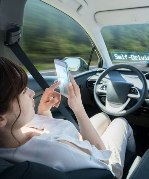 Woman,Using,Smart,Phone,In,Autonomous,Car.,Self,Driving,Vehicle.