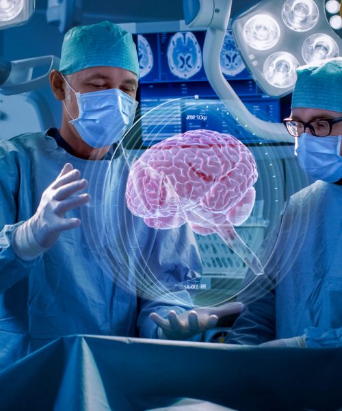 Surgeons,Perform,Brain,Surgery,Using,Augmented,Reality,,Animated,3d,Brain.